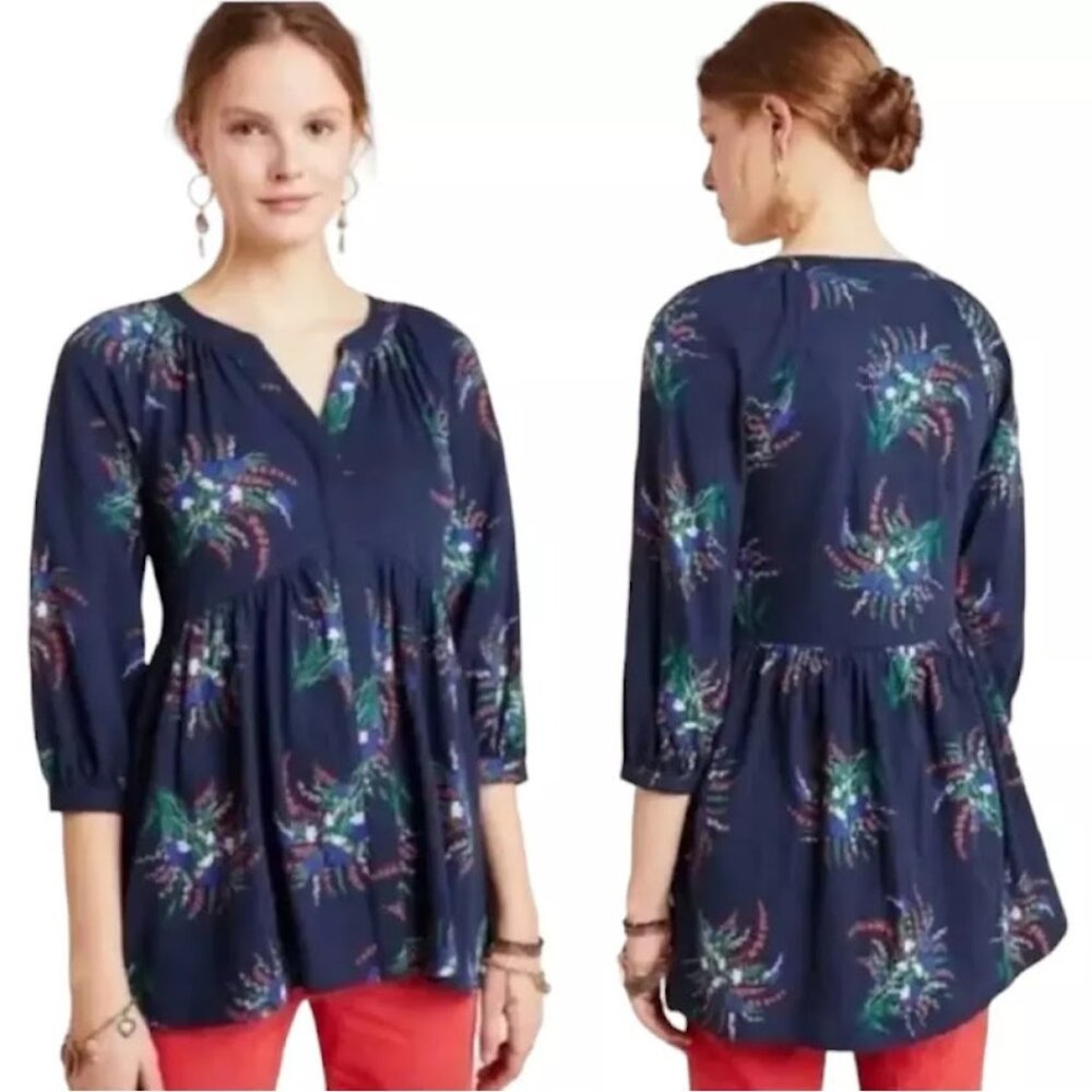 ANTHROPOLOGIE / MAEVE Top, Blue Floral 100% Cotton 3/4 Sleeve V-Neck Boho, XS